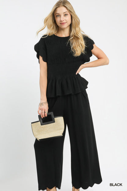 Umgee Black Linen Blend Smocked Peplum Top