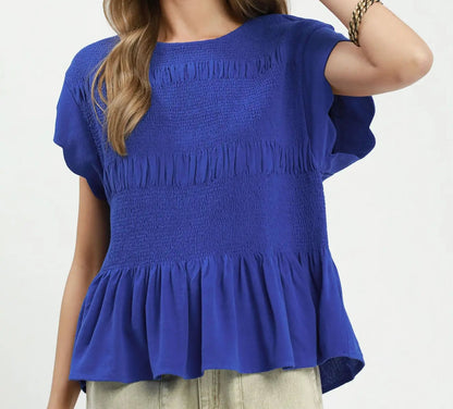 Umgee Ocean Blue Linen Blend Smocked Peplum Top