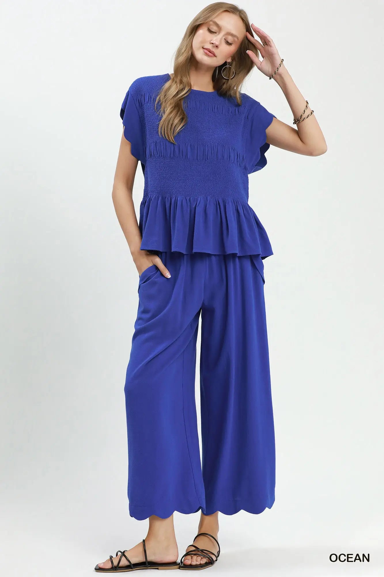 Umgee Ocean Linen Blend Scallop Hem Wide Leg Pants