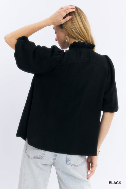 Umgee Black Linen Scallop Trim V-Neck Top