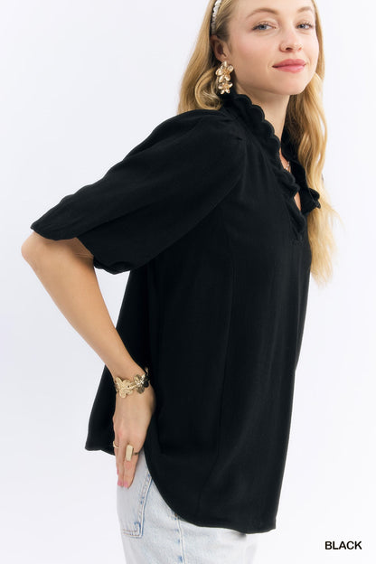 Umgee Black Linen Scallop Trim V-Neck Top