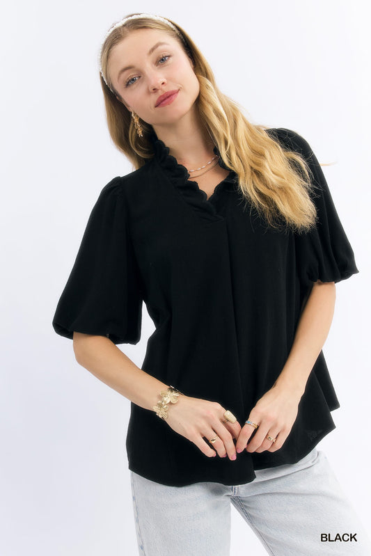 Umgee Black Linen Scallop Trim V-Neck Top