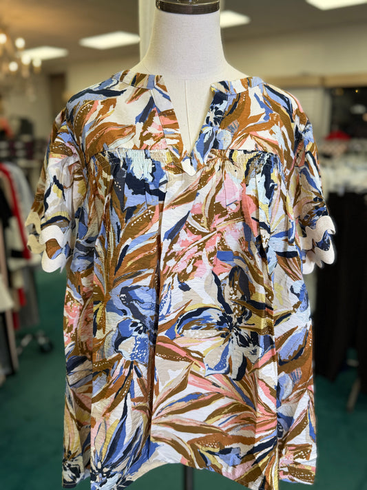 Oddi Plus Size Botanical Print Blouse with Ric Rac trim