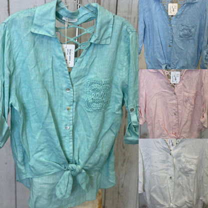 Made in Italy Tie Front Linen Top with Crocheted Back Detail