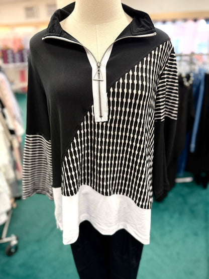 ZIP-UP MULTI-PANEL WAVE KNIT TOP - MULTI