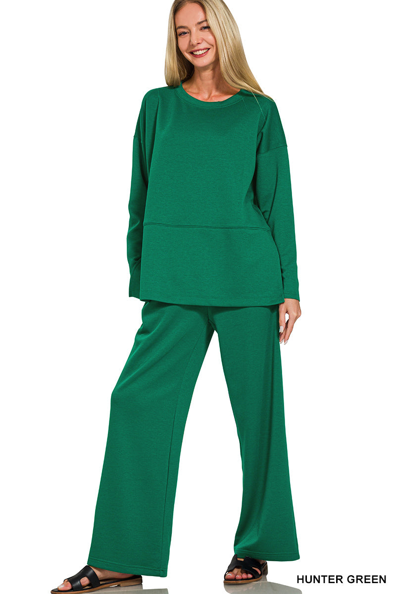 Zenana HUNTER GREEN SCUBA SIDE SLIT TOP & PANTS SET