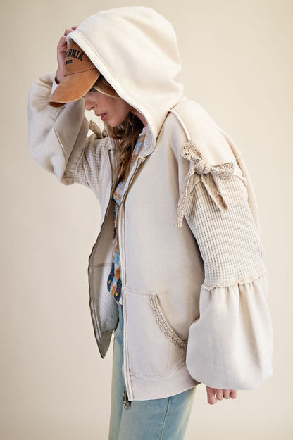 Easel ECRU WASHED TERRY KNIT ZIP UP HOODIE JACKET