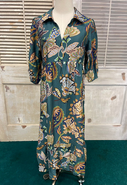 Umgee Teal Boho Paisley Tiered Midi Dress