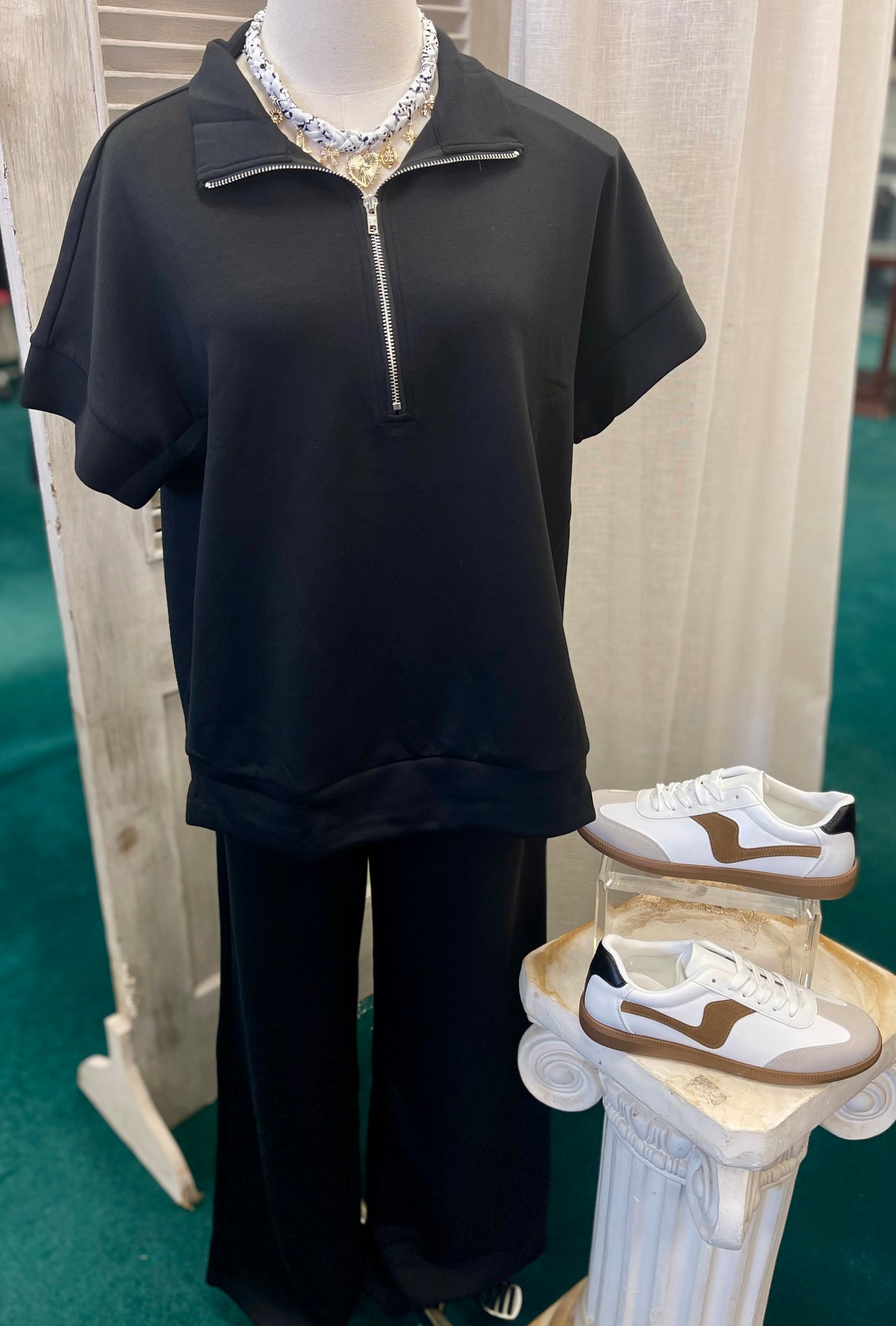 ZENANA BLACK SCUBA HIGH NECK HALF ZIP TOP & PANTS SET