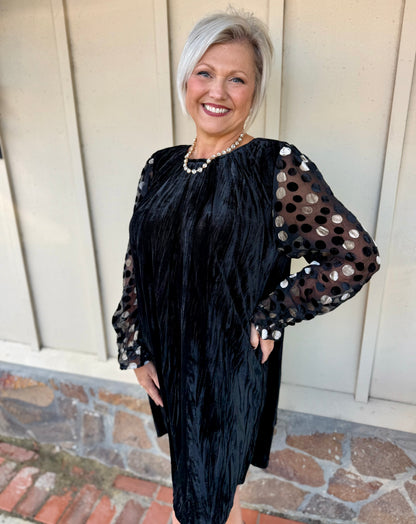 Umgee Black Velvet Polka Dot Sheer Sleeve Dress