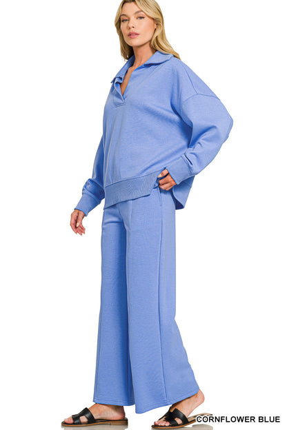 Zenana Cornflower Blue SCUBA COLLARED PULLOVER & PANTS SET