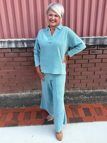 Easel Faded Teal TEXTURED THERMAL WASHED PULLOVER