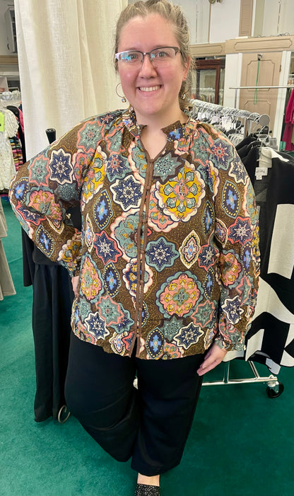 Umgee Plus Size Fall Mosaic Long Sleeve Blouse