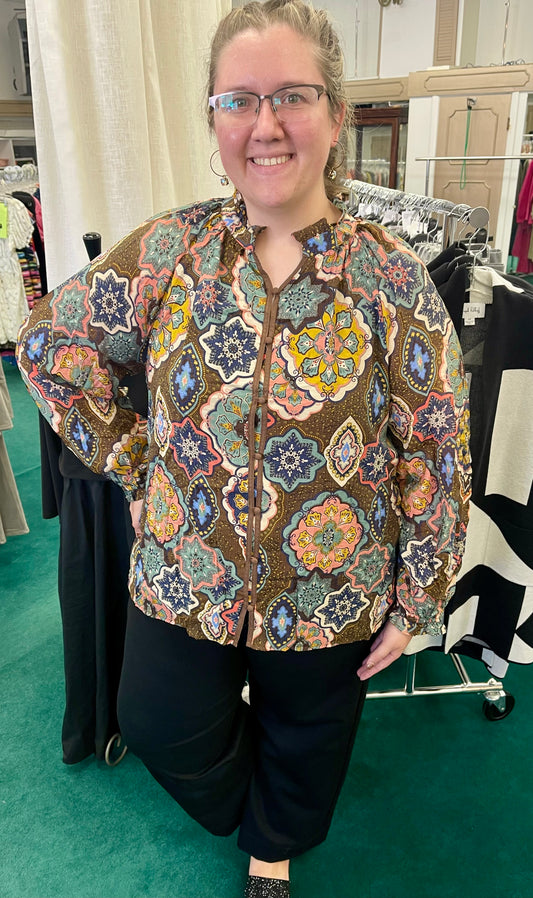 Umgee Plus Size Fall Mosaic Long Sleeve Blouse