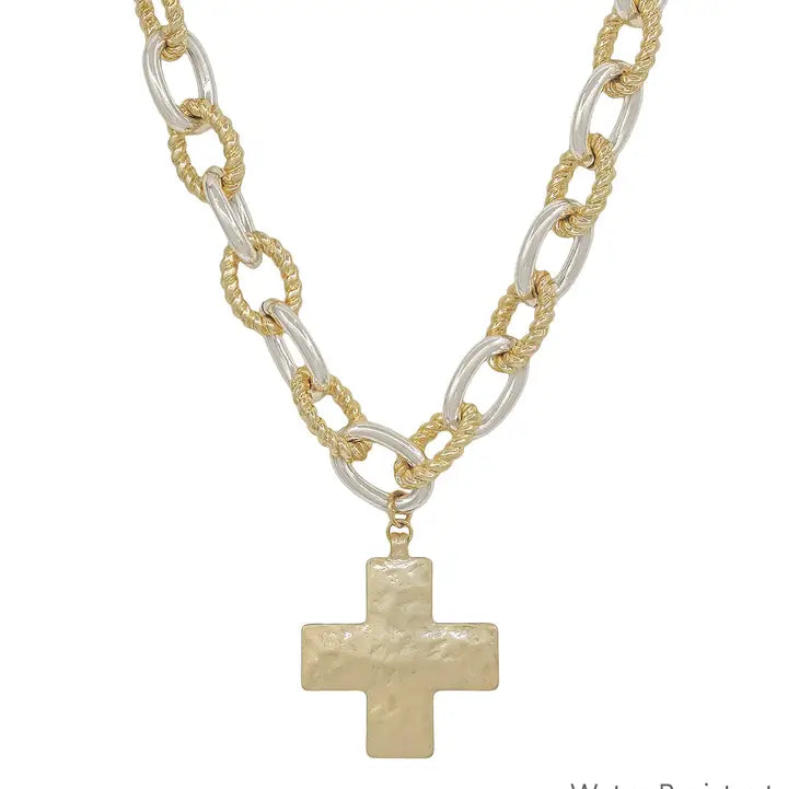 Water Resistant Chunky Gold and Silver Chain with Hammered Cross 16"-18" Necklace