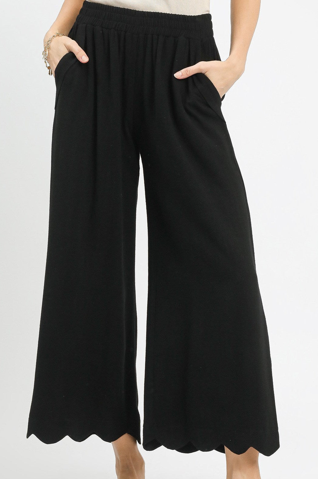 Umgee Black Linen Blend Scallop Hem Wide Leg Pants