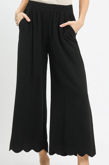 Umgee Black Linen Blend Scallop Hem Wide Leg Pants