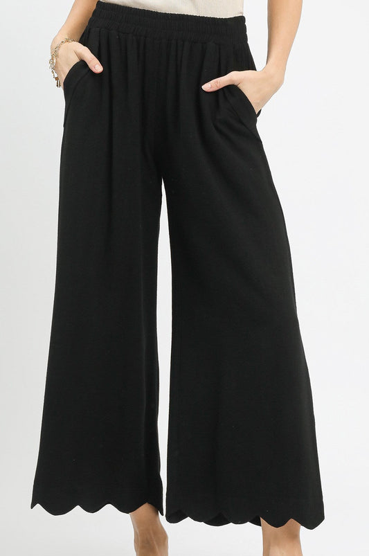 Umgee Black Linen Blend Scallop Hem Wide Leg Pants