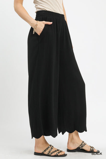 Umgee Black Linen Blend Scallop Hem Wide Leg Pants