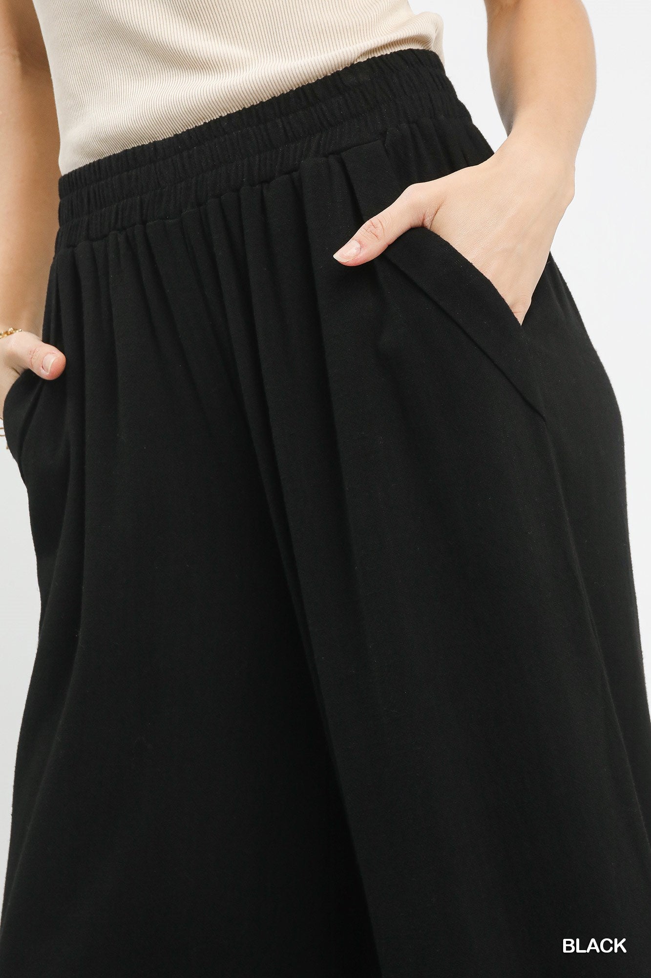 Umgee Black Linen Blend Scallop Hem Wide Leg Pants