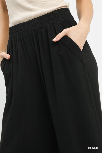 Umgee Black Linen Blend Scallop Hem Wide Leg Pants