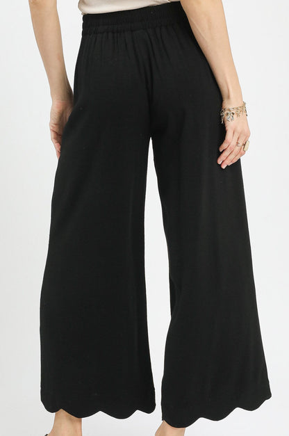 Umgee Black Linen Blend Scallop Hem Wide Leg Pants