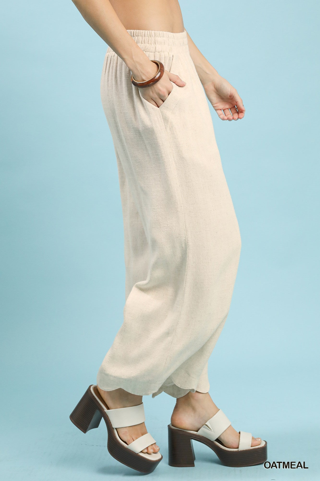 Umgee Linen Blend Scallop Hem Wide Leg Pants