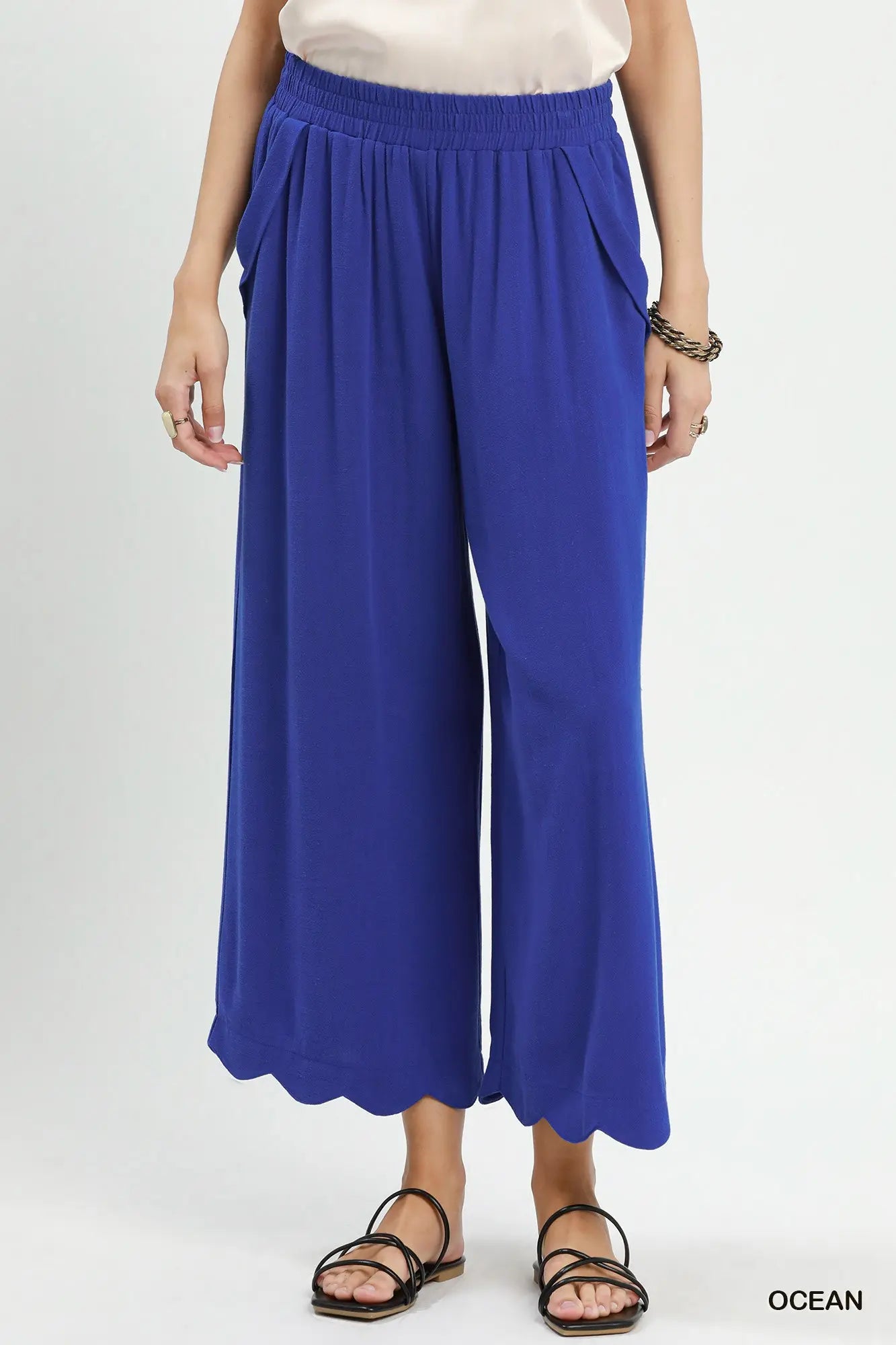 Umgee Ocean Linen Blend Scallop Hem Wide Leg Pants