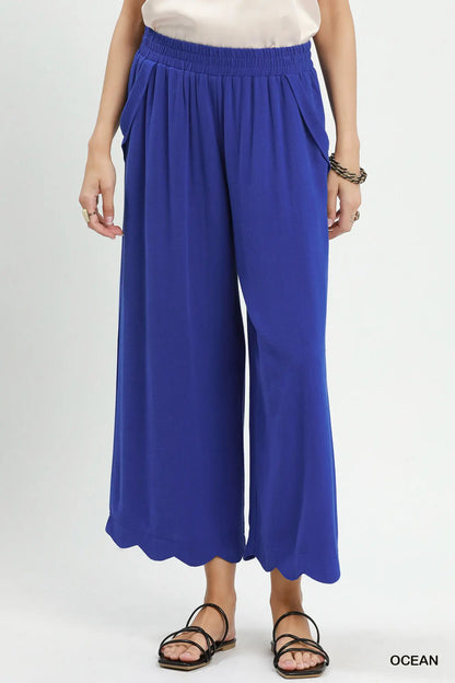 Umgee Ocean Linen Blend Scallop Hem Wide Leg Pants