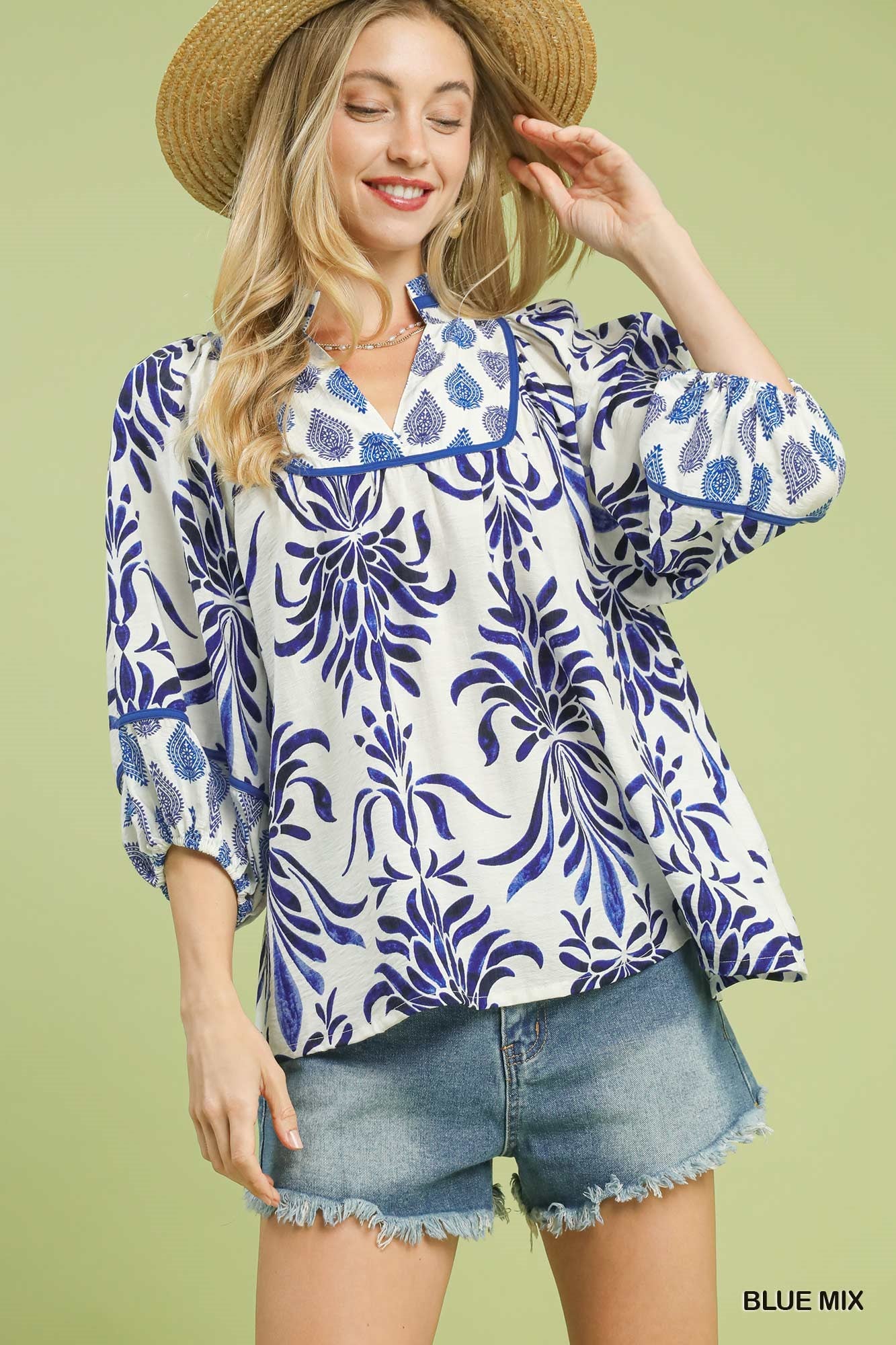 Umgee Blue Mix Floral Print Balloon Sleeve Top