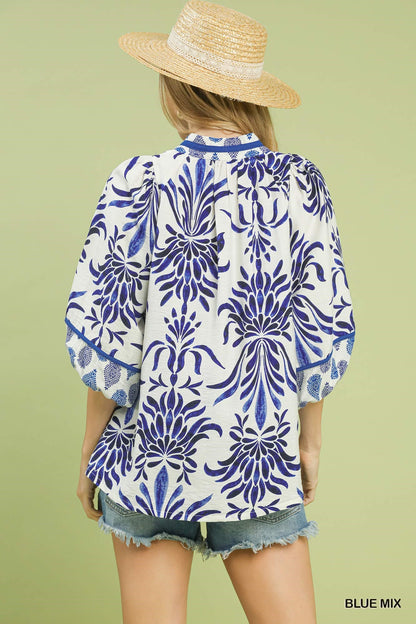 Umgee Blue Mix Floral Print Balloon Sleeve Top
