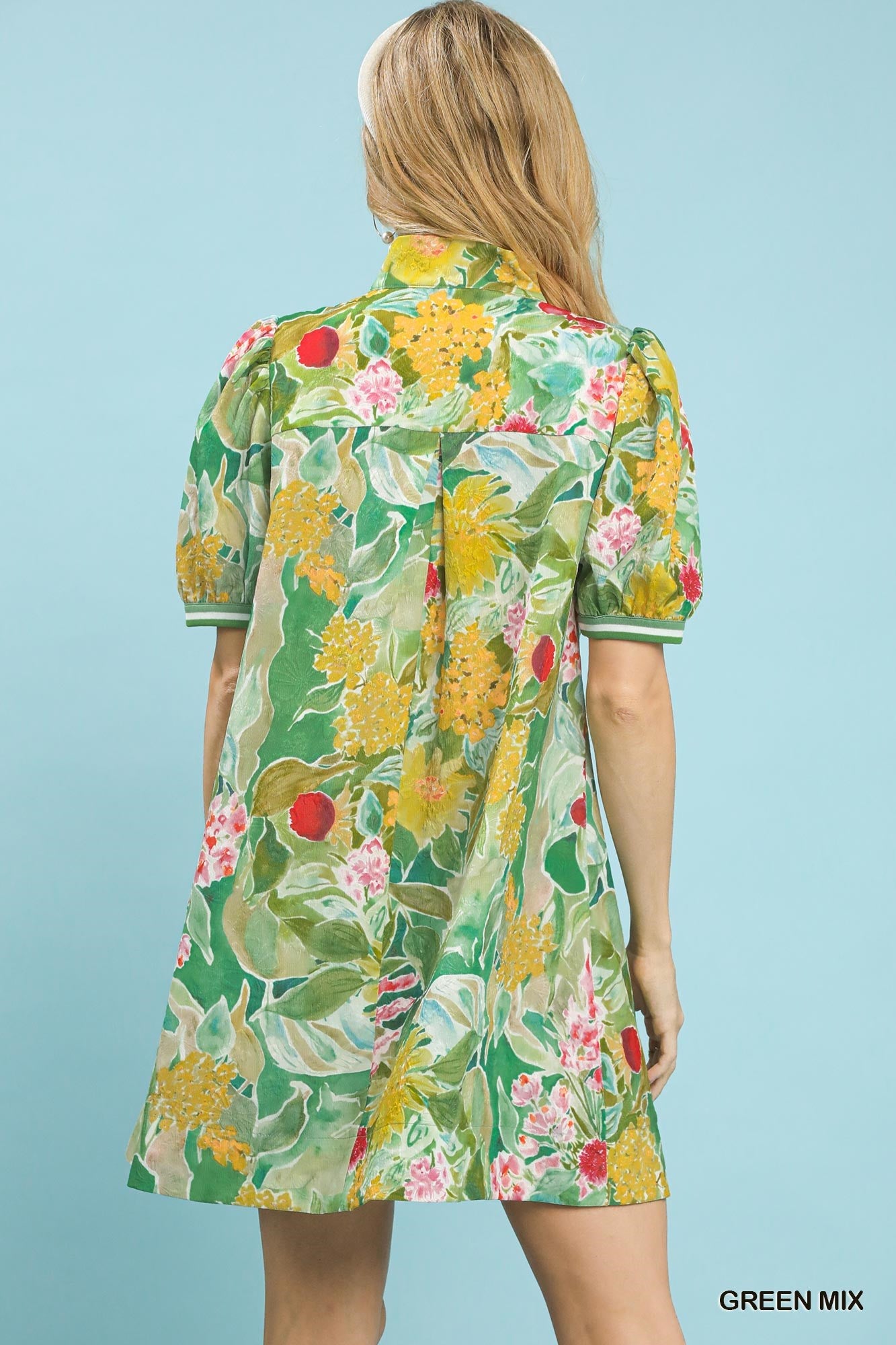 Umgee Green Jacquard Bloomscape Print Mini Dress