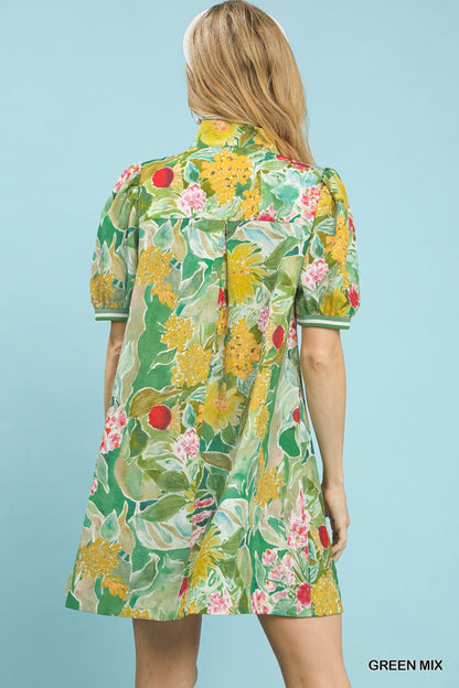 Umgee Green Jacquard Bloomscape Print Mini Dress