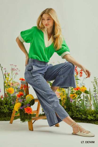 Umgee Stone Wash Denim Wide Leg Pants