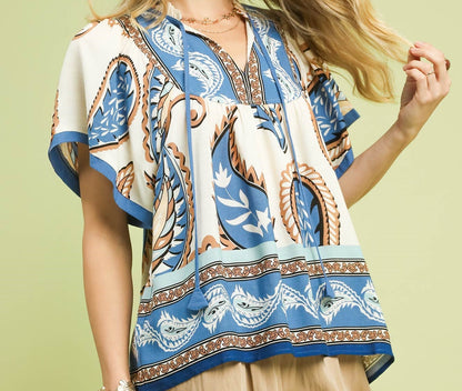 Umgee Blue Mix Paisley Border Print Tassel Top