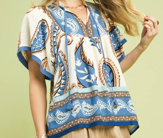 Umgee Blue Mix Paisley Border Print Tassel Top