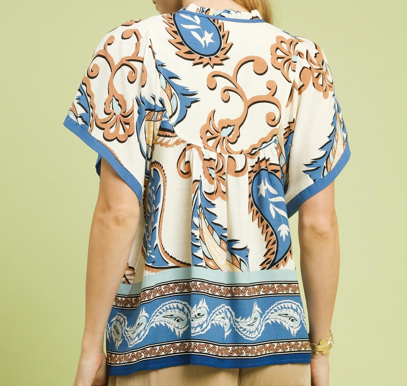 Umgee Blue Mix Paisley Border Print Tassel Top