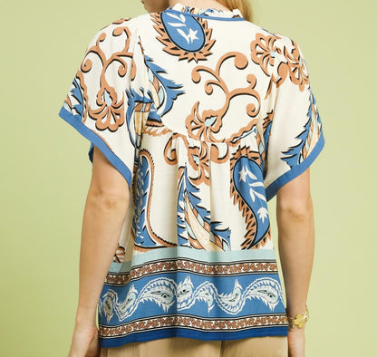 Umgee Blue Mix Paisley Border Print Tassel Top