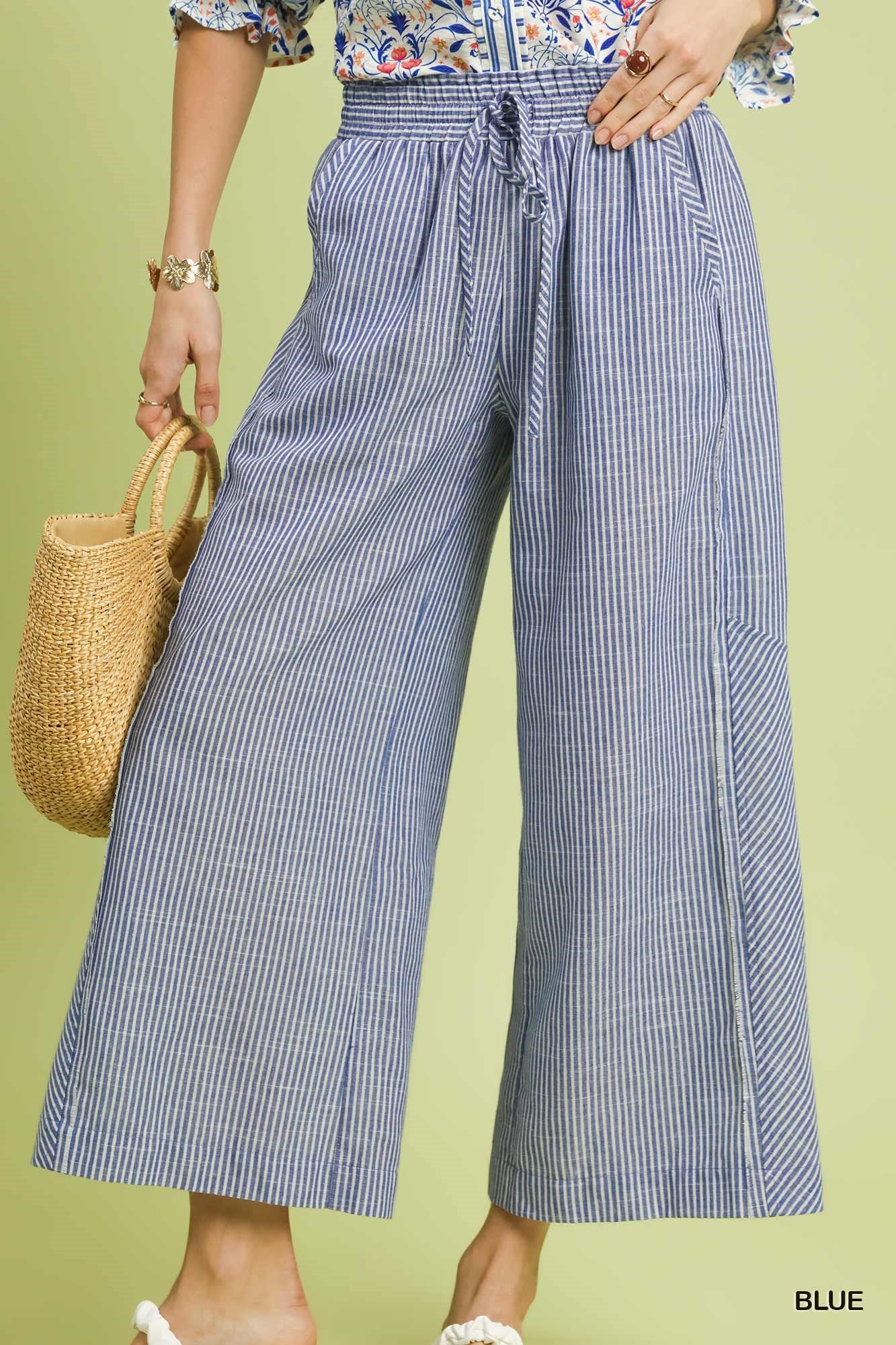 Umgee Blue Linen Blend Striped Wide Leg Pants