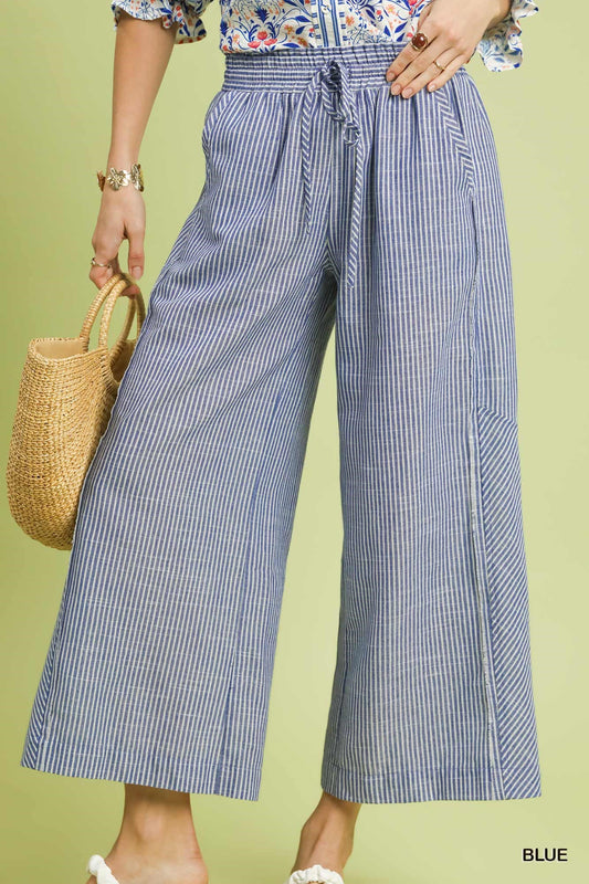 Umgee Blue Linen Blend Striped Wide Leg Pants