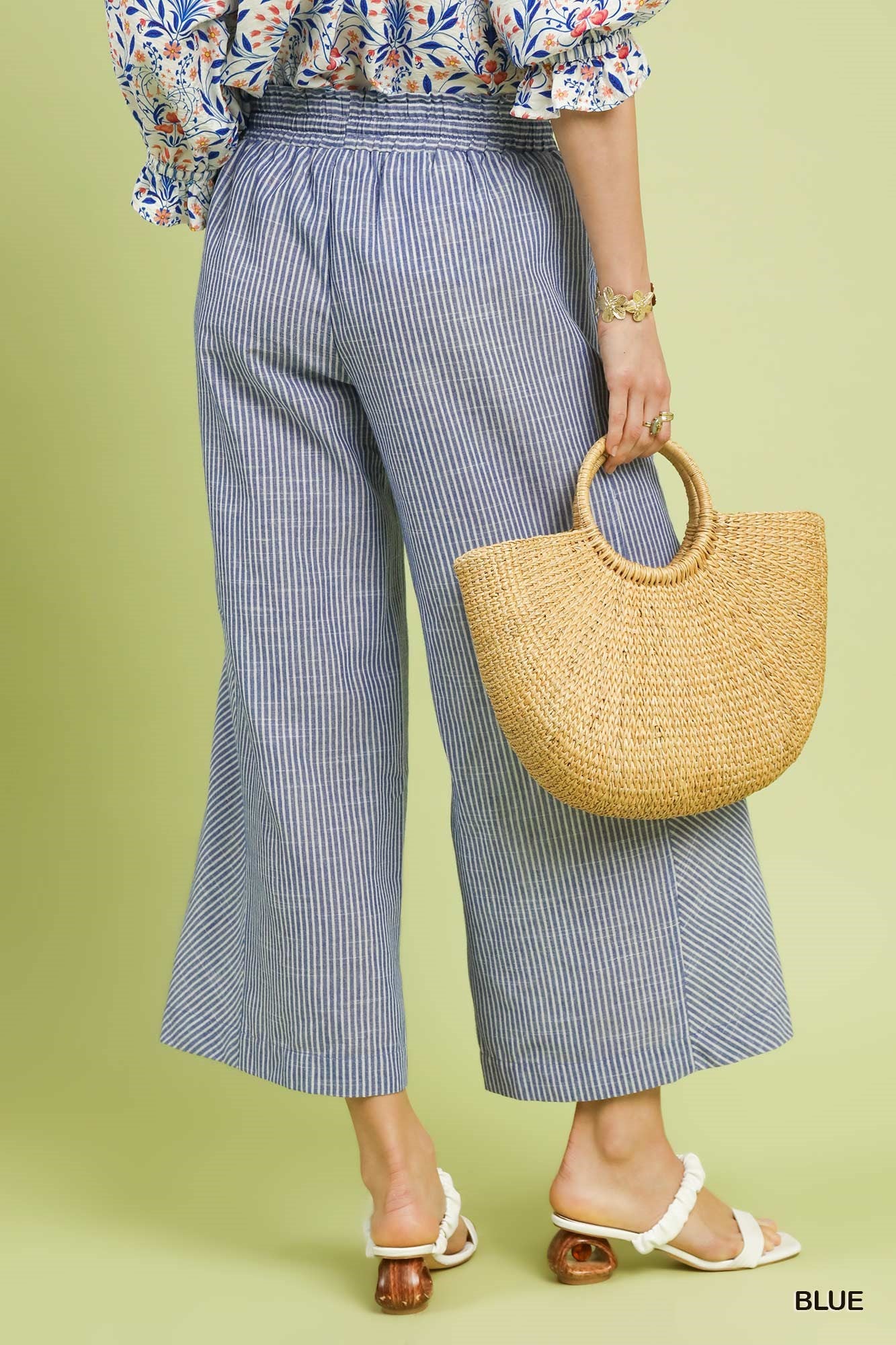 Umgee Blue Linen Blend Striped Wide Leg Pants