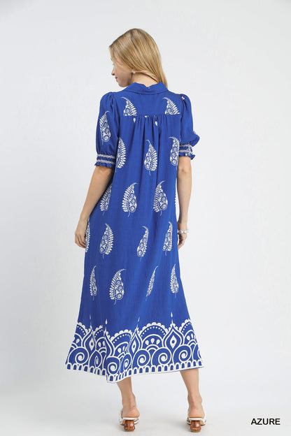 Umgee Azure Blue Paisley Mandala Collared Maxi Dress