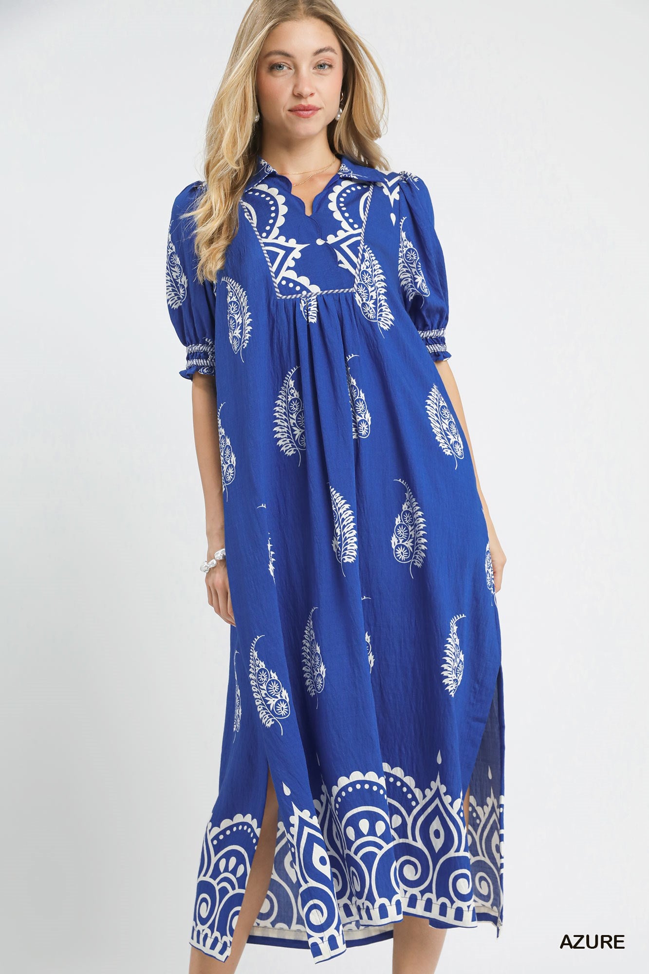 Umgee Azure Blue Paisley Mandala Collared Maxi Dress