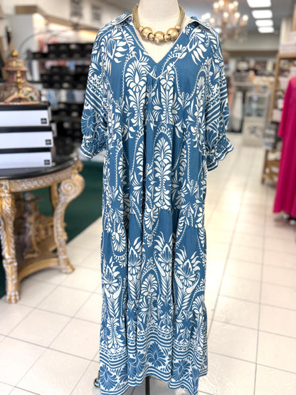 Umgee Plus Size Two tone Boarder Print Midi Dress