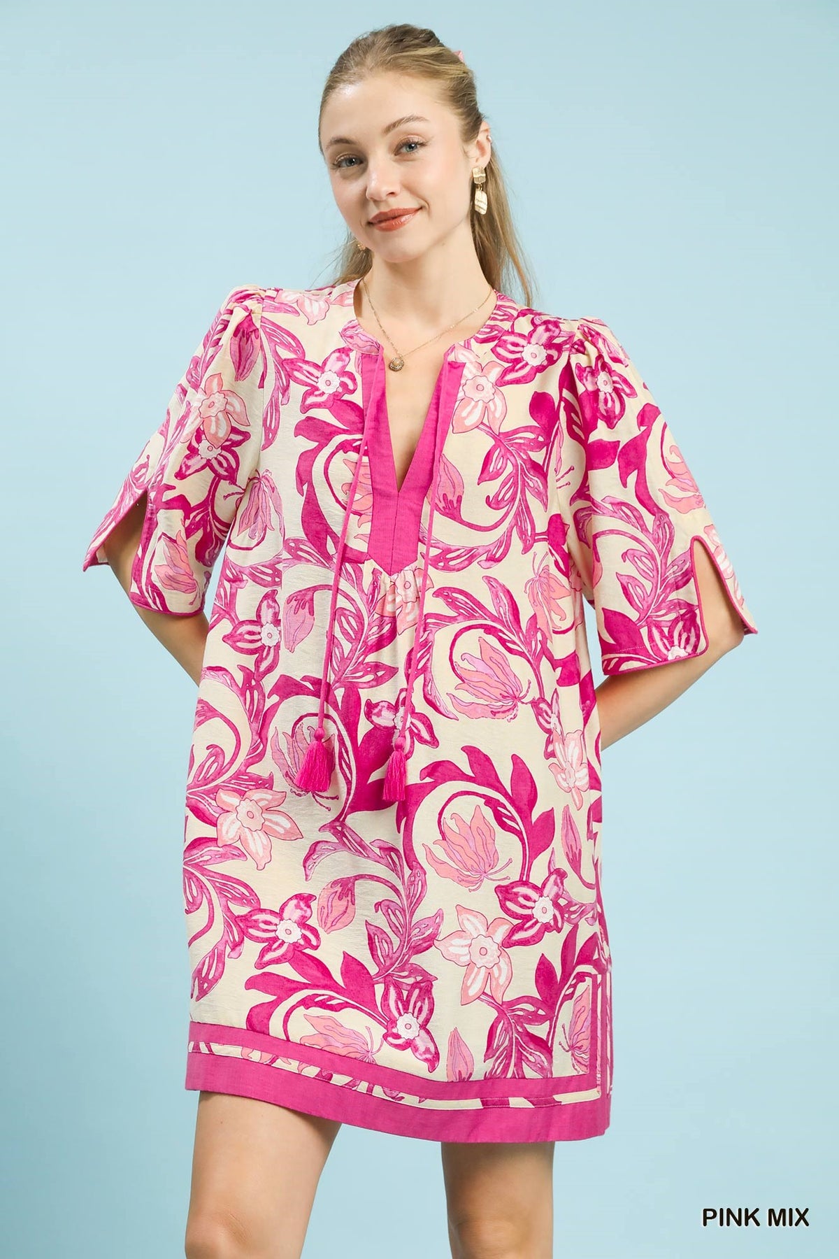 Umgee Pink Mix Floral Tassel Mini Dress