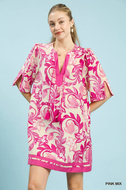 Umgee Pink Mix Floral Tassel Mini Dress
