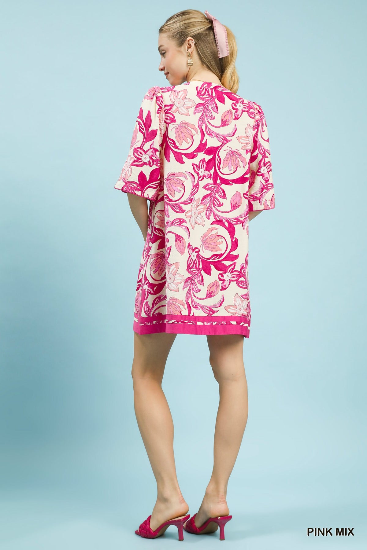 Umgee Pink Mix Floral Tassel Mini Dress