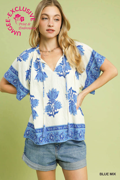 Umgee Blue Mix Floral Border Embroidered Top