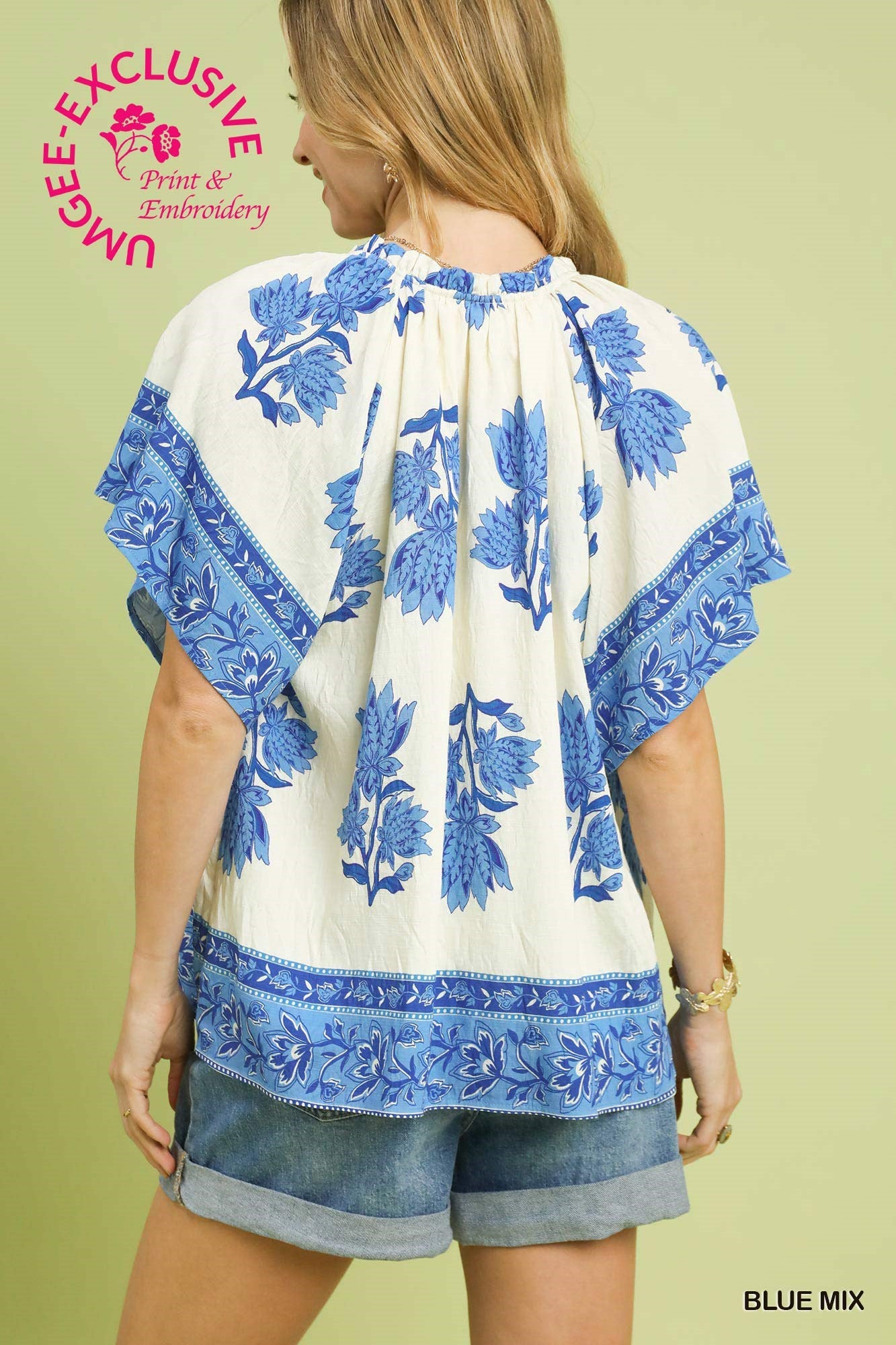Umgee Blue Mix Floral Border Embroidered Top