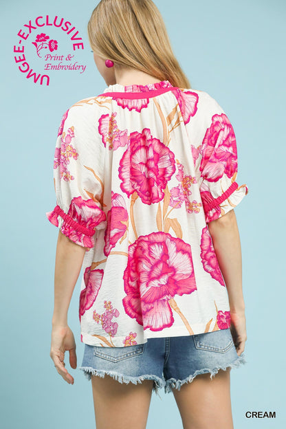 Umgee Cream Floral V-Neck Puff Sleeve Top